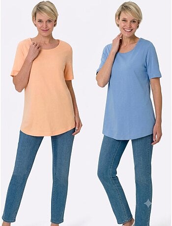 T-shirt long à col rond et manches courtes avec ourlet arrondi - Taille standard - Moda Vilona