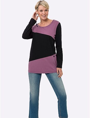 T-shirt long à col rond avec 3 boutons décoratifs et coupe évasée - taille standard - moda vilona
