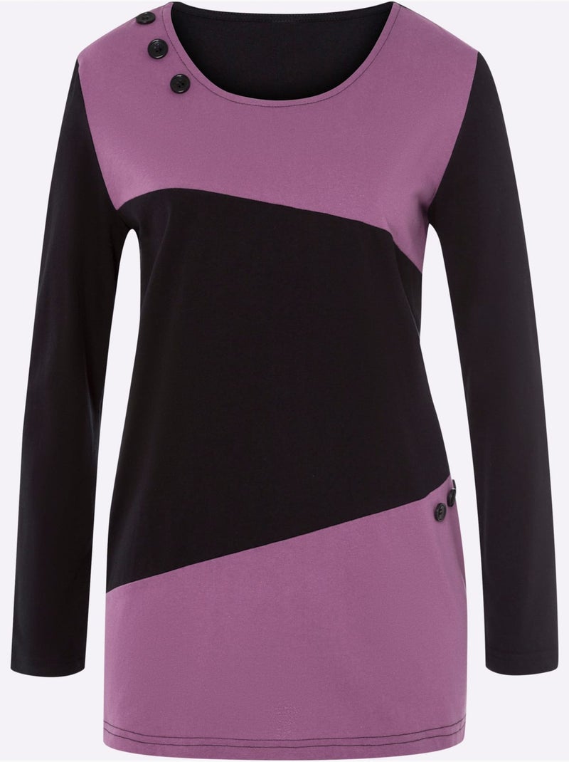 T-shirt long à col rond et manches longues avec boutons décoratifs - taille standard - moda vilona Noir Violet - Kiabi