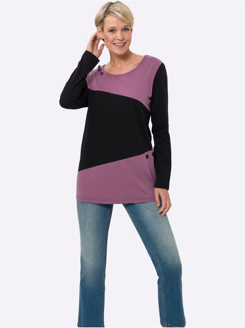 T-shirt long à col rond et manches longues avec boutons décoratifs - taille standard - moda vilona Noir Violet - Kiabi