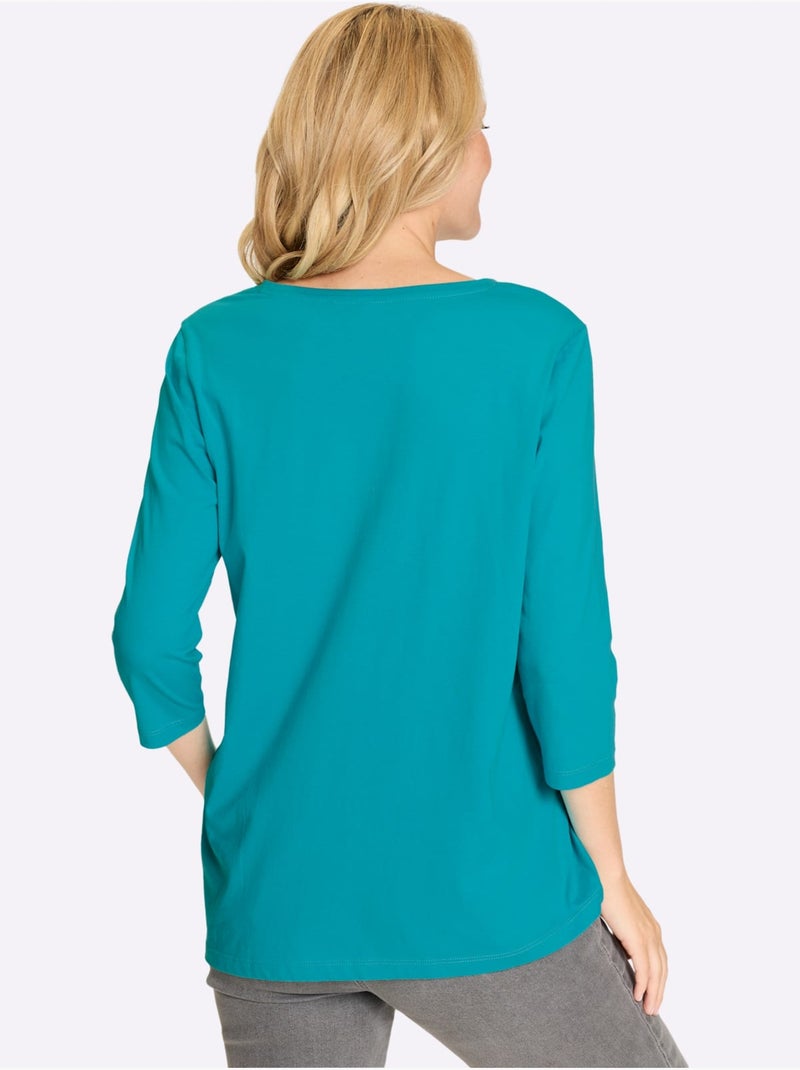 T-shirt long à col v avec boutons et manches 3/4 - taille standard - moda vilona Turquoise - Kiabi