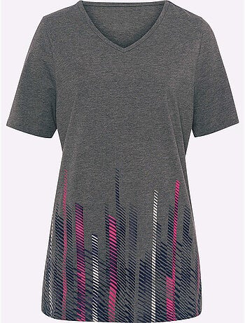 T-shirt long à encolure v avec imprimé graphique devant - taille standard - moda vilona