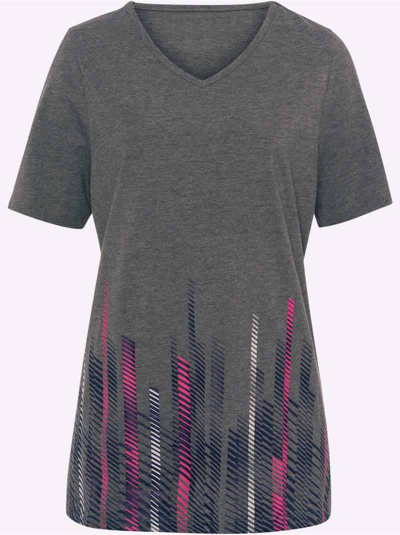 T-shirt long à col V avec imprimé graphique coloré - Taille standard - Moda Vilona Noir Gris anthracite - Kiabi
