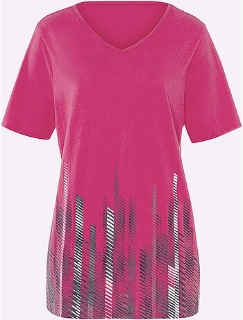 T-shirt long à encolure V avec imprimé graphique devant - Taille standard - Moda Vilona
