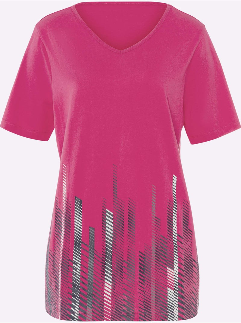 T-shirt long à col V avec imprimé graphique devant - Taille standard - Moda Vilona Rose fushia - Kiabi