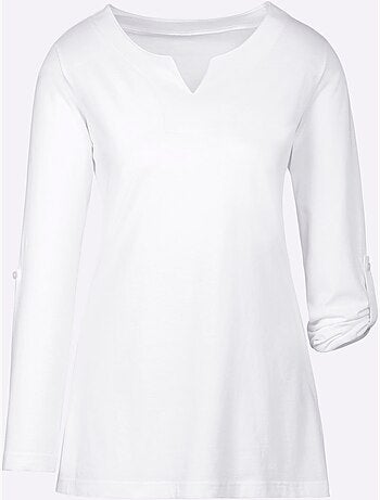 T-shirt long avec col V et manches 3/4 retroussables - Taille standard - Moda Vilona