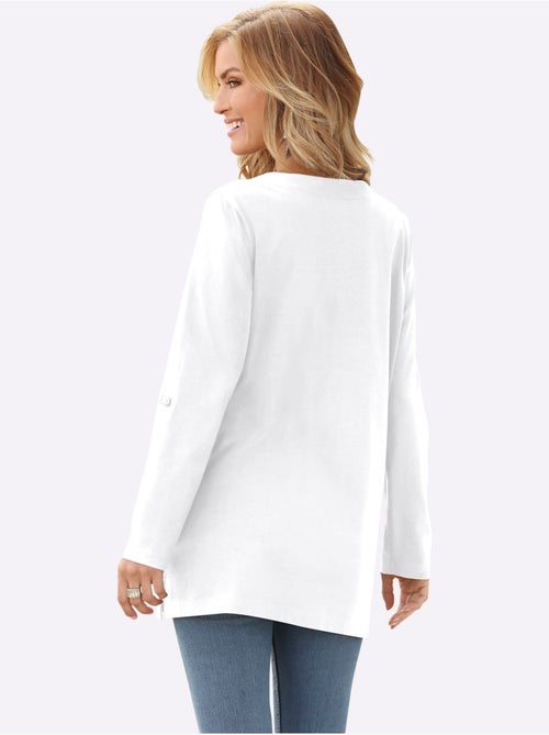 T-shirt long à col V et manches 3/4 retroussables - Taille standard - Moda Vilona - Kiabi