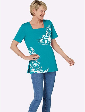 T-shirt long à encolure carrée avec motif floral et fentes latérales - Taille standard - Moda Vilona