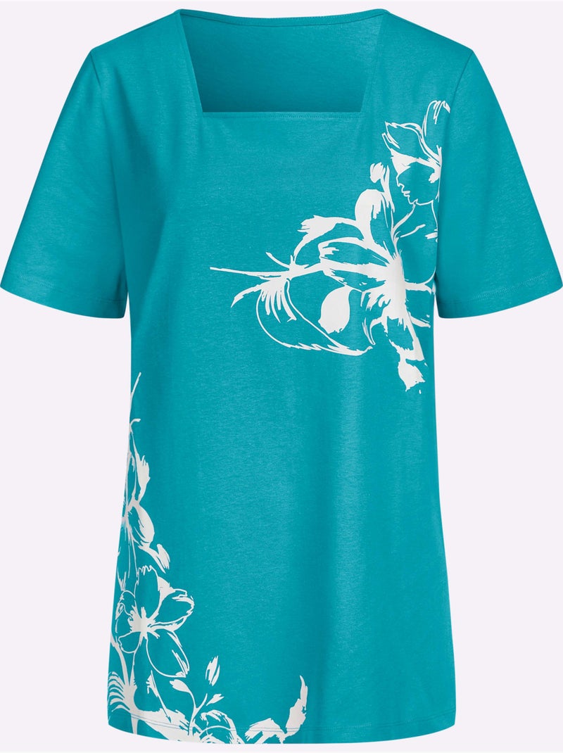 T-shirt long à encolure carrée avec motif floral et fentes latérales - Taille standard - Moda Vilona Craie/Turquoise - Kiabi