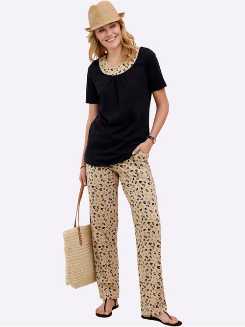 T-shirt long à encolure ornée et motif léopard - Taille standard - Moda Vilona - Kiabi