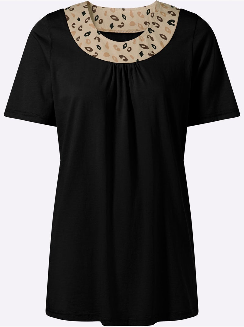 T-shirt long à encolure ornée et motif léopard - Taille standard - Moda Vilona Noir - Kiabi