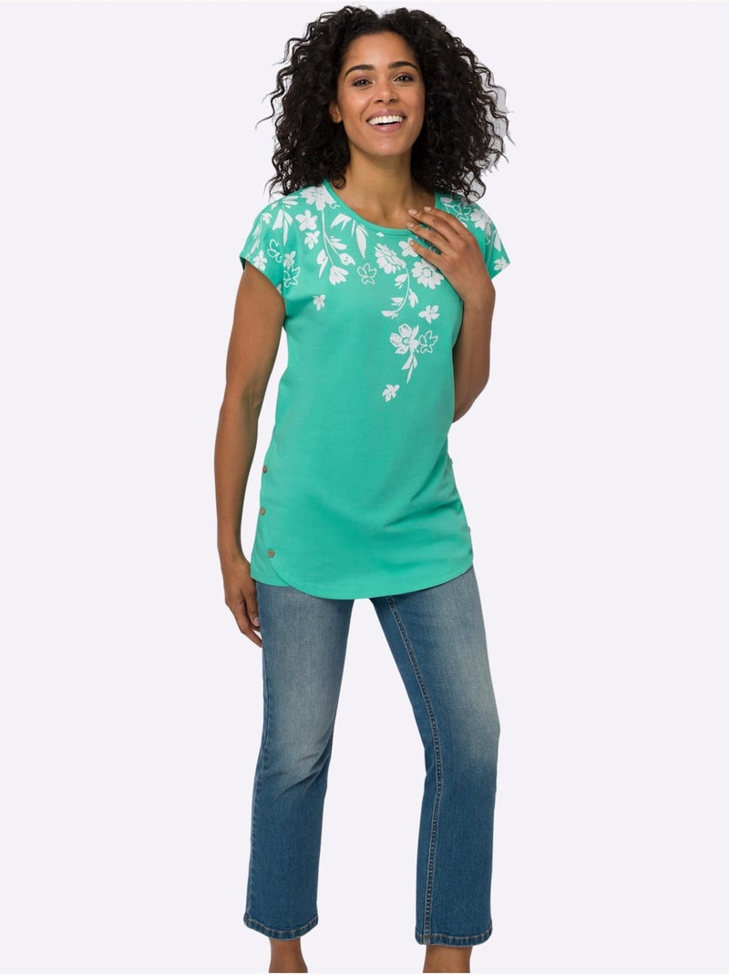 T-shirt long à encolure ronde avec boutons en bois et imprimé floral - Taille standard - Moda Vilona Bleu Vert Blanc - Kiabi