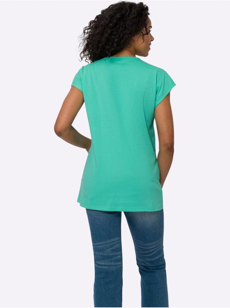 T-shirt long à encolure ronde avec boutons en bois et imprimé floral - Taille standard - Moda Vilona Bleu Vert Blanc - Kiabi