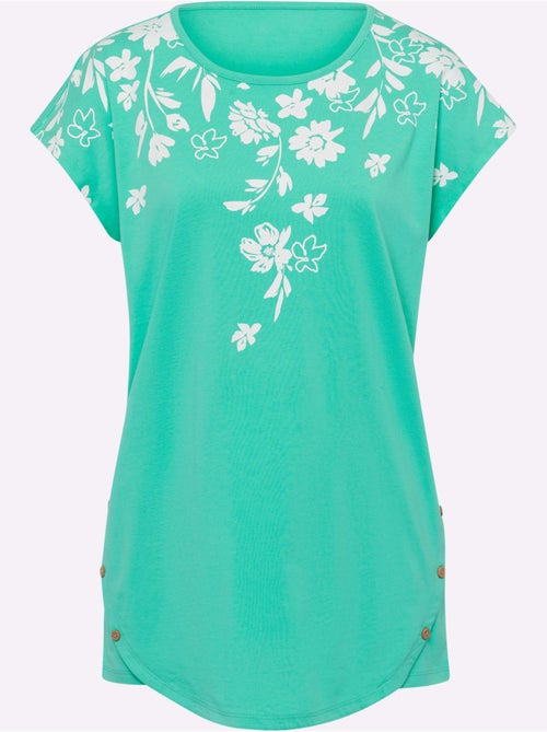 T-shirt long à encolure ronde avec boutons en bois et imprimé floral - Taille standard - Moda Vilona - Kiabi