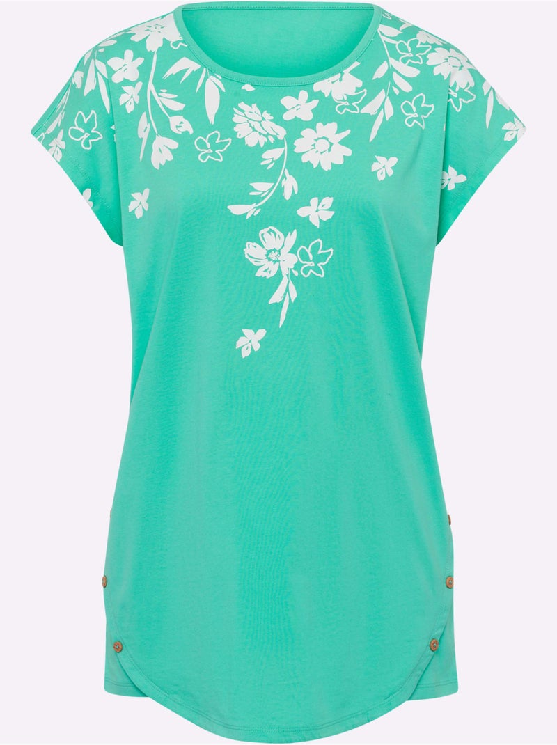 T-shirt long à encolure ronde avec boutons en bois et imprimé floral - Taille standard - Moda Vilona Bleu Vert Blanc - Kiabi