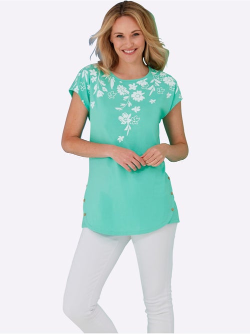 T-shirt long à encolure ronde avec boutons en bois et imprimé floral - Taille standard - Moda Vilona - Kiabi