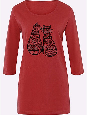 T-shirt long avec imprimé chats et encolure ronde - Taille standard - Moda Vilona