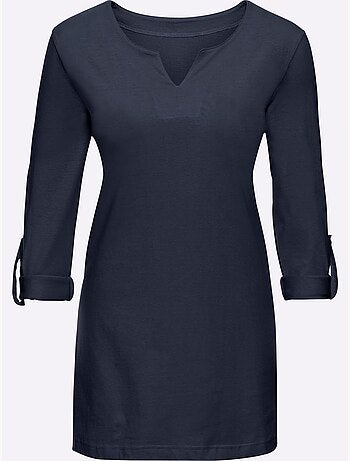 T-shirt long avec col V et manches 3/4 retroussables - Taille standard - Moda Vilona