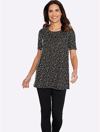 T-shirt long à col rond avec motif à pois en coupe évasée - taille standard - moda vilona
