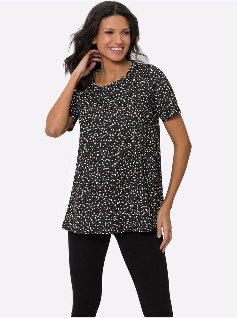 T-shirt long à encolure ronde avec motif à pois et manches courtes - taille standard - moda vilona Noir - Kiabi