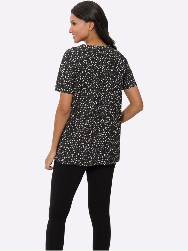 T-shirt long à encolure ronde avec motif à pois et manches courtes - taille standard - moda vilona Noir - Kiabi