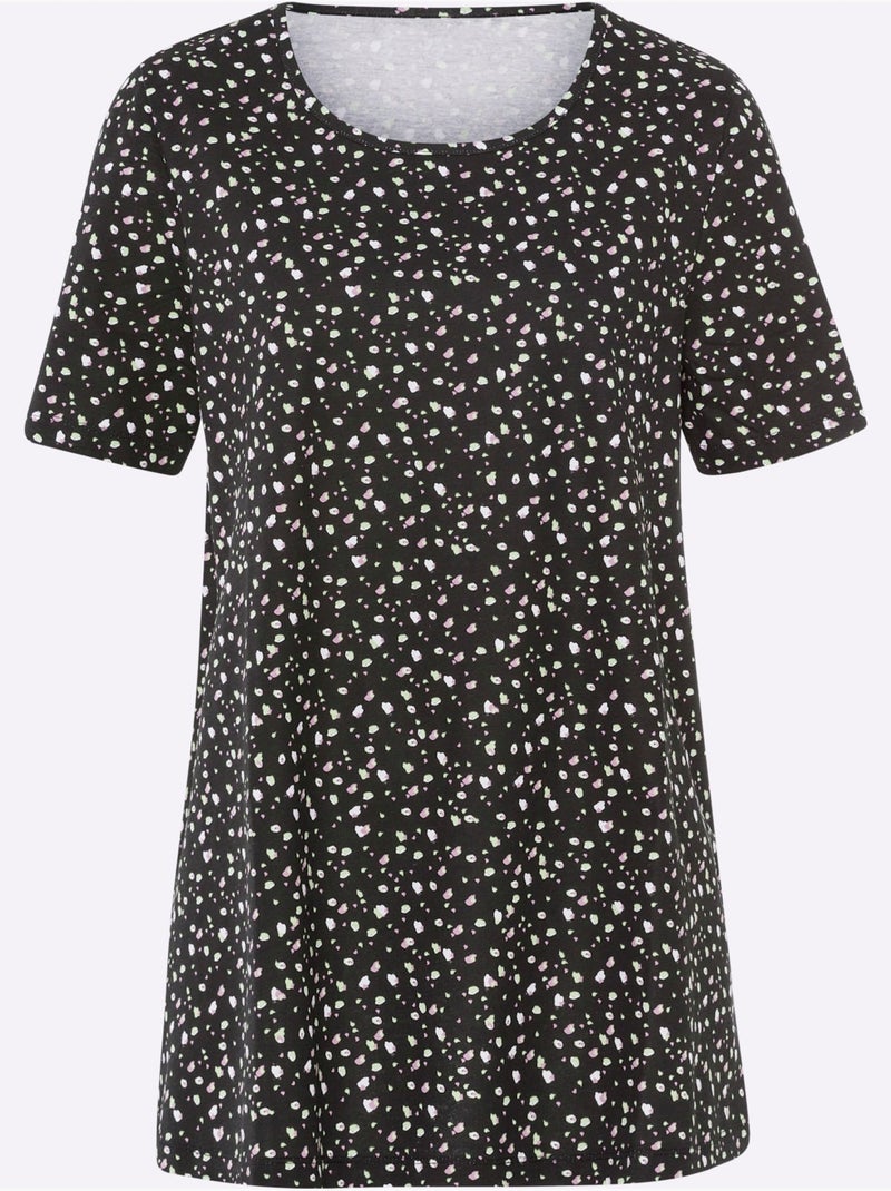 T-shirt long à encolure ronde avec motif à pois et manches courtes - taille standard - moda vilona Noir - Kiabi