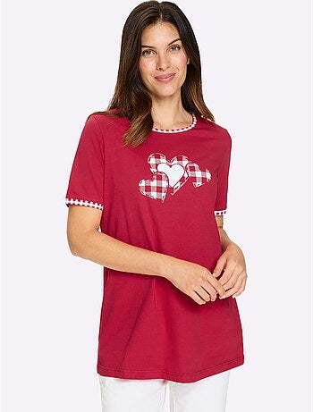 T-shirt long à col rond et manches courtes avec motif cœurs - Taille standard - Moda Vilona