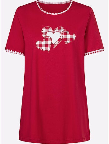 T-shirt long à col rond et manches courtes avec motif cœurs - Taille standard - Moda Vilona