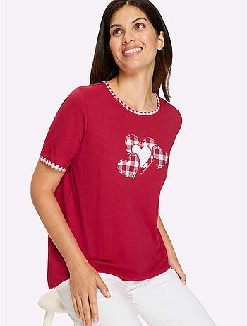 T-shirt long à col rond et manches courtes avec motif cœurs - Taille standard - Moda Vilona