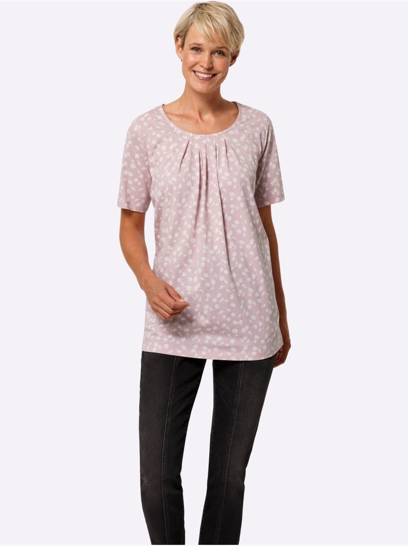 T-shirt long à encolure ronde avec motif floral et manches courtes - Taille standard - Moda Vilona Blanc Rose - Kiabi