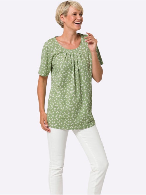 T-shirt long à encolure ronde avec plissés et motif floral - Taille standard - Moda Vilona - Kiabi