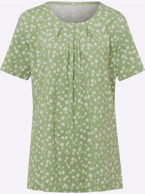 T-shirt long à encolure ronde avec plissés et motif floral - Taille standard - Moda Vilona - Kiabi