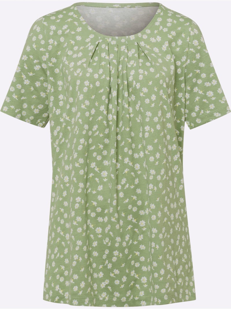 T-shirt long à encolure ronde avec plissés et motif floral - Taille standard - Moda Vilona Vert eucalyptus - Kiabi