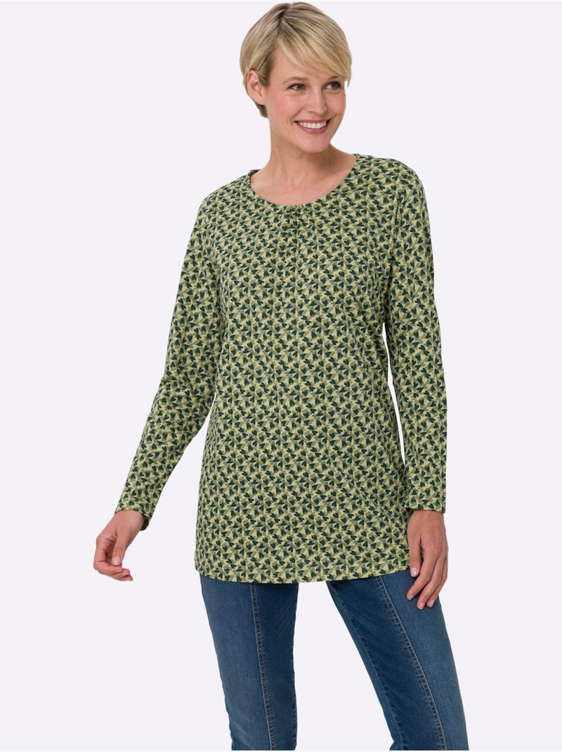 T-shirt long à encolure ronde froncée avec motif floral - taille standard - moda vilona Vert tilleul - Kiabi