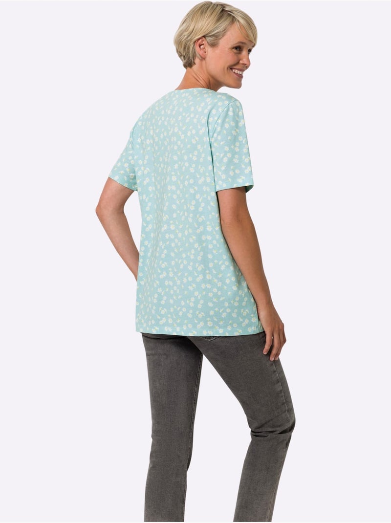 T-shirt long à encolure ronde plissée avec motifs floraux - Taille standard - Moda Vilona Blanc Vert - Kiabi