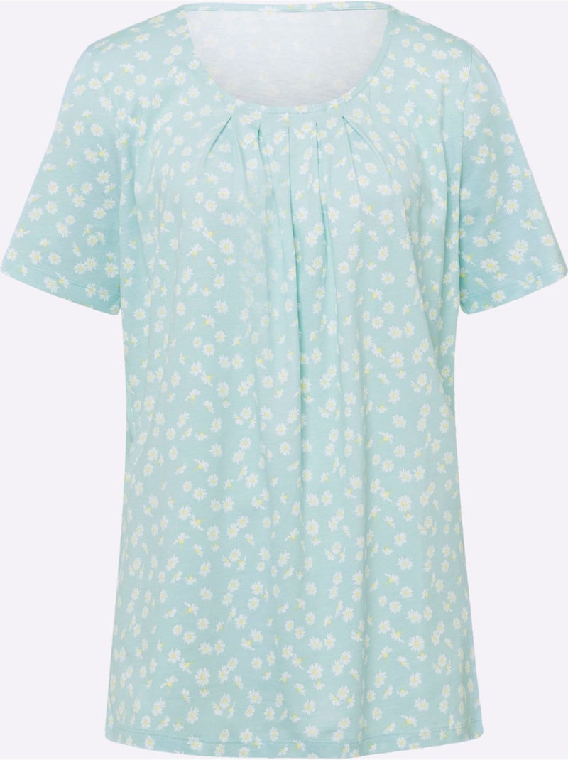 T-shirt long à encolure ronde plissée avec motifs floraux - Taille standard - Moda Vilona Blanc Vert - Kiabi
