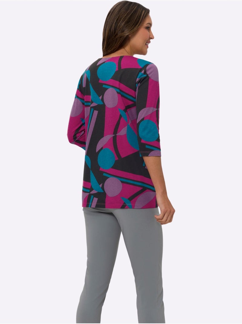 T-shirt long à imprimé graphique avec col rond et manches 3/4 - Taille standard - Moda Vilona Noir Rose - Kiabi