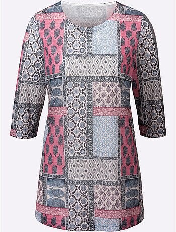 T-shirt long à manches 3/4 avec motifs géométriques et empiècements - taille standard - moda vilona