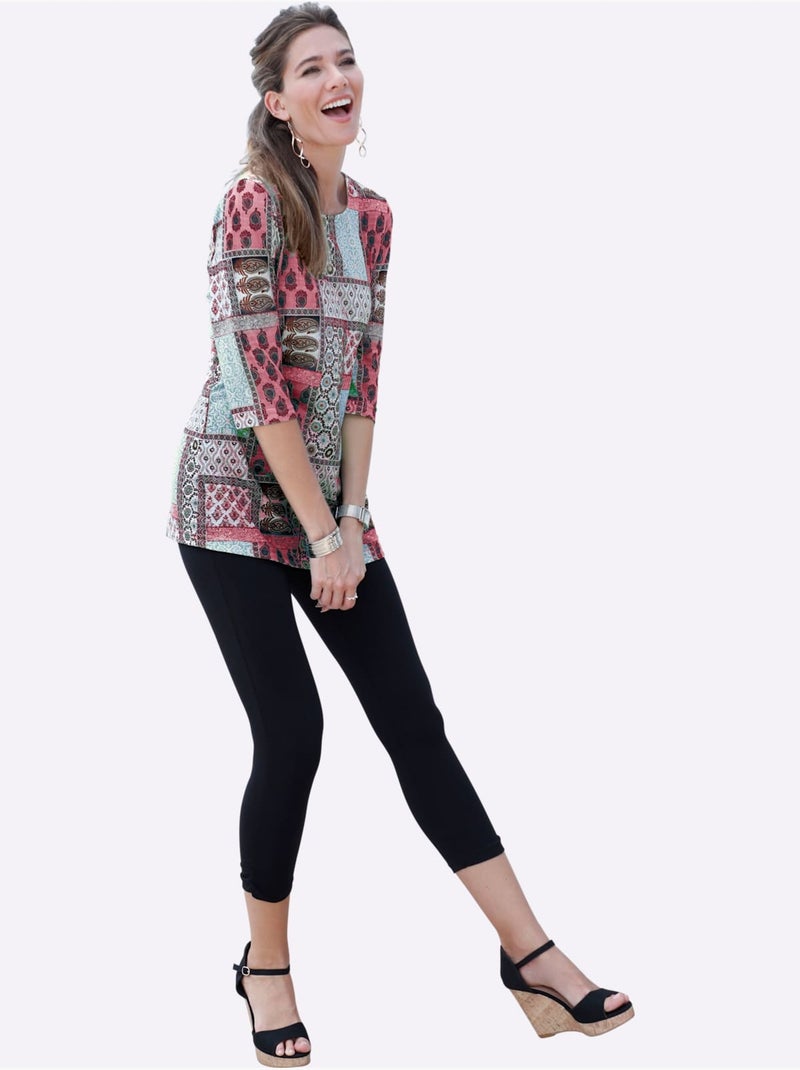 T-shirt long à manches 3/4 avec motifs géométriques et empiècements - taille standard - moda vilona Multicolore - Kiabi