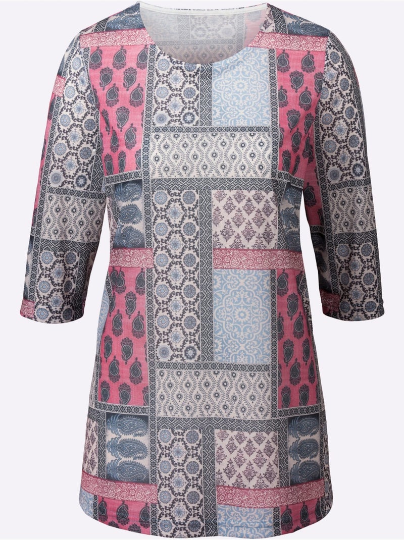 T-shirt long à manches 3/4 avec motifs géométriques et empiècements - taille standard - moda vilona Multicolore - Kiabi