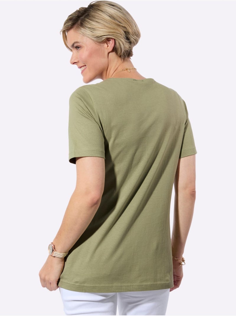T-shirt long à manches courtes avec boutons décoratifs en diagonale - Taille standard - Witt Bleu Vert Gris - Kiabi