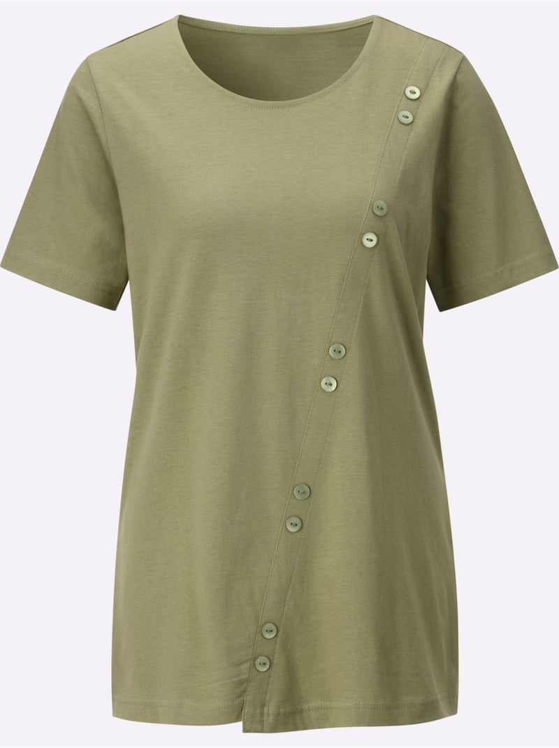 T-shirt long à manches courtes avec boutons décoratifs en diagonale - Taille standard - Witt Bleu Vert Gris - Kiabi