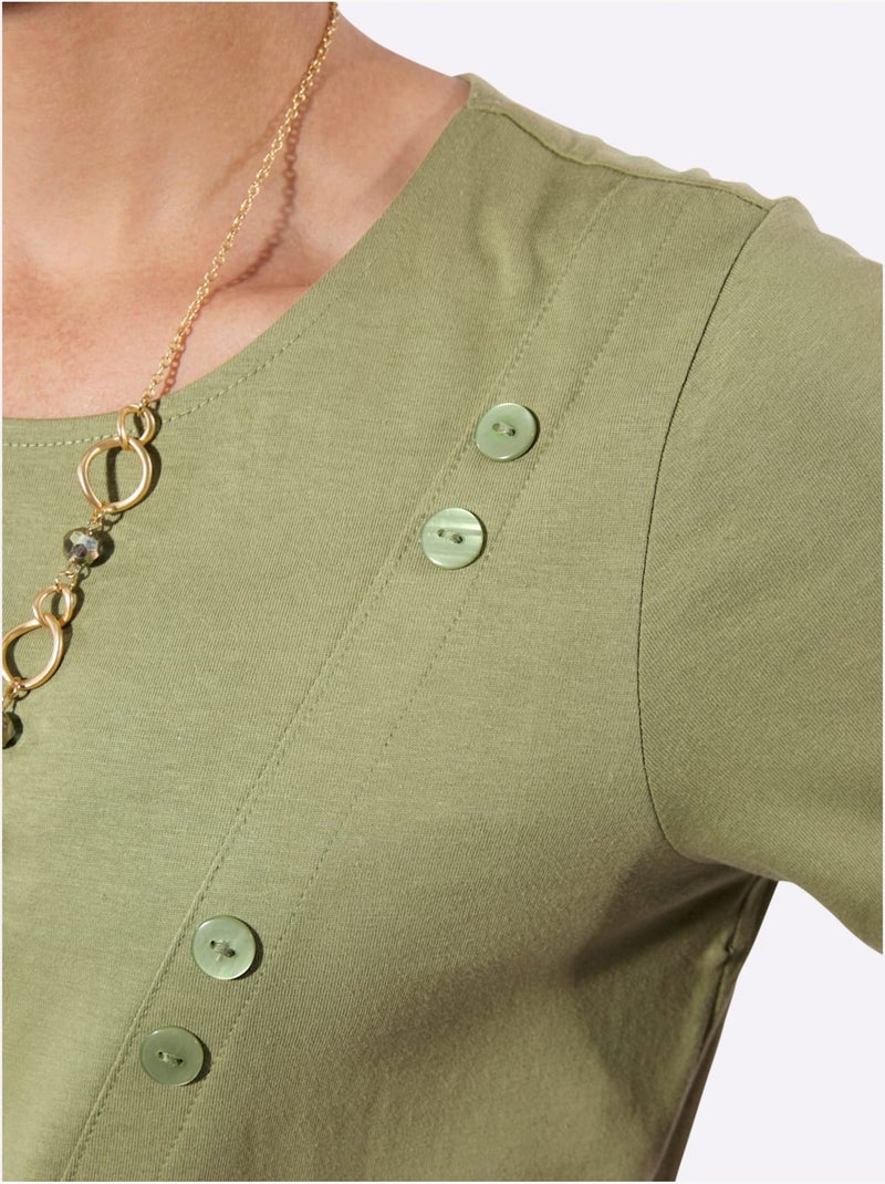 T-shirt long à manches courtes avec boutons décoratifs en diagonale - Taille standard - Witt Bleu Vert Gris - Kiabi