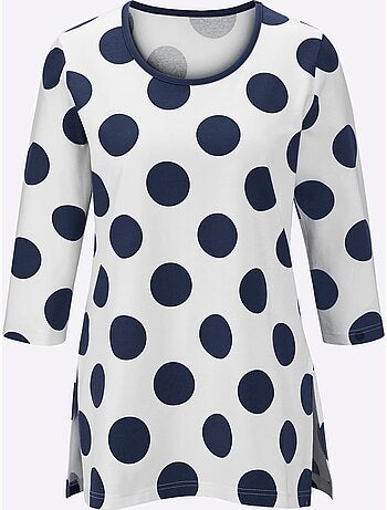 T-shirt long à motifs pois avec encolure ronde et manches 3/4 - Taille standard - Witt