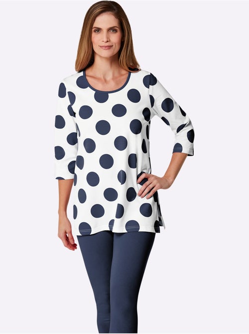 T-shirt long à motifs pois avec encolure ronde et manches 3/4 - Taille standard - Witt - Kiabi T-shirt long à motifs pois avec encolure ronde et manches 3/4 - Taille standard - Witt - Kiabi