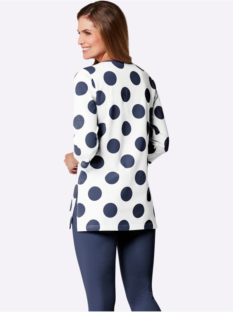 T-shirt long à motifs pois avec encolure ronde et manches 3/4 - Taille standard - Witt Bleu Ecru - Kiabi