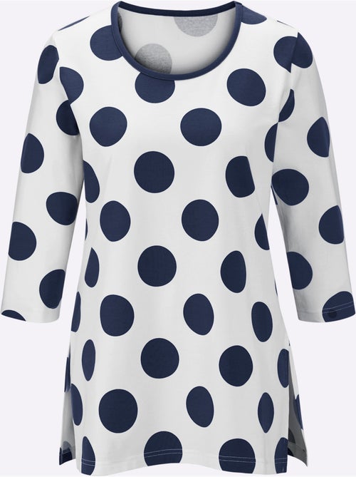 T-shirt long à motifs pois avec encolure ronde et manches 3/4 - Taille standard - Witt - Kiabi T-shirt long à motifs pois avec encolure ronde et manches 3/4 - Taille standard - Witt - Kiabi