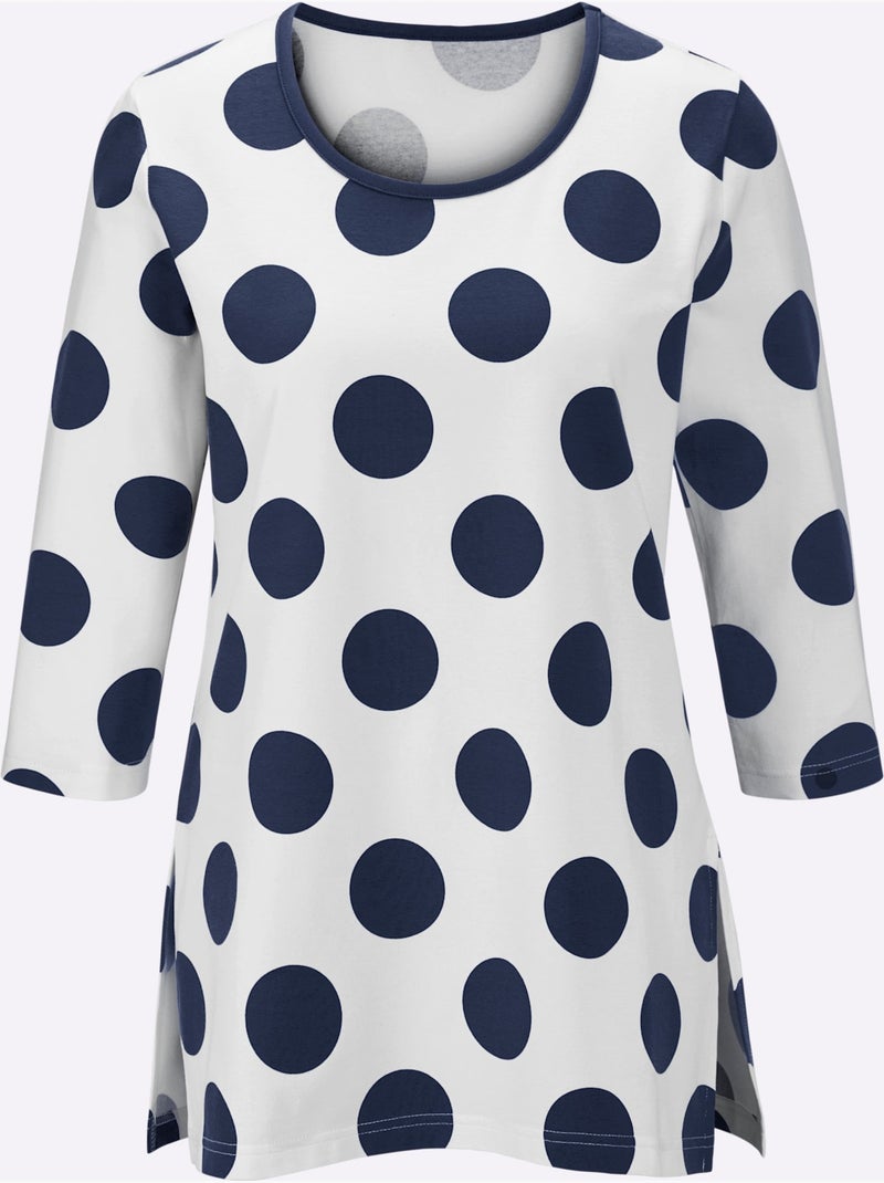 T-shirt long à motifs pois avec encolure ronde et manches 3/4 - Taille standard - Witt Bleu Ecru - Kiabi