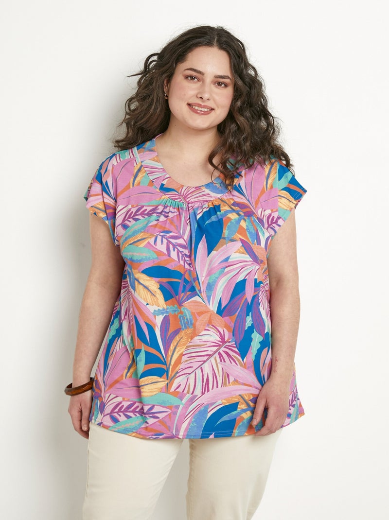 T-shirt long ample manches courtes imprimé Bleu Rose - Kiabi