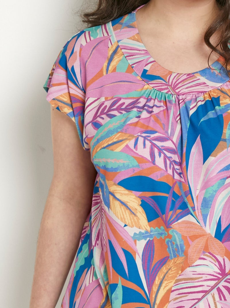 T-shirt long ample manches courtes imprimé Bleu Rose - Kiabi